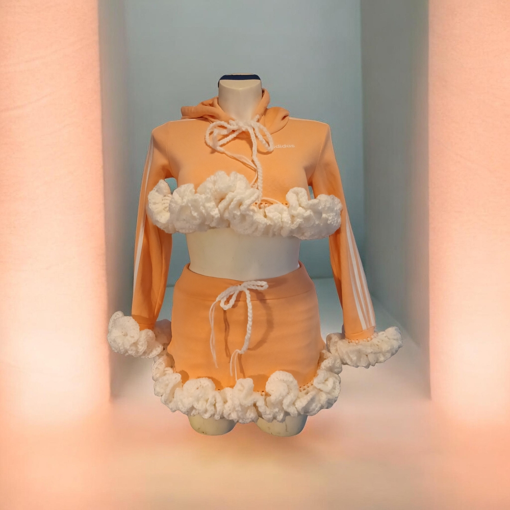 adidas Peach Orange Crop Hoodie & Mini Skirt Set with White Ruffle Trim